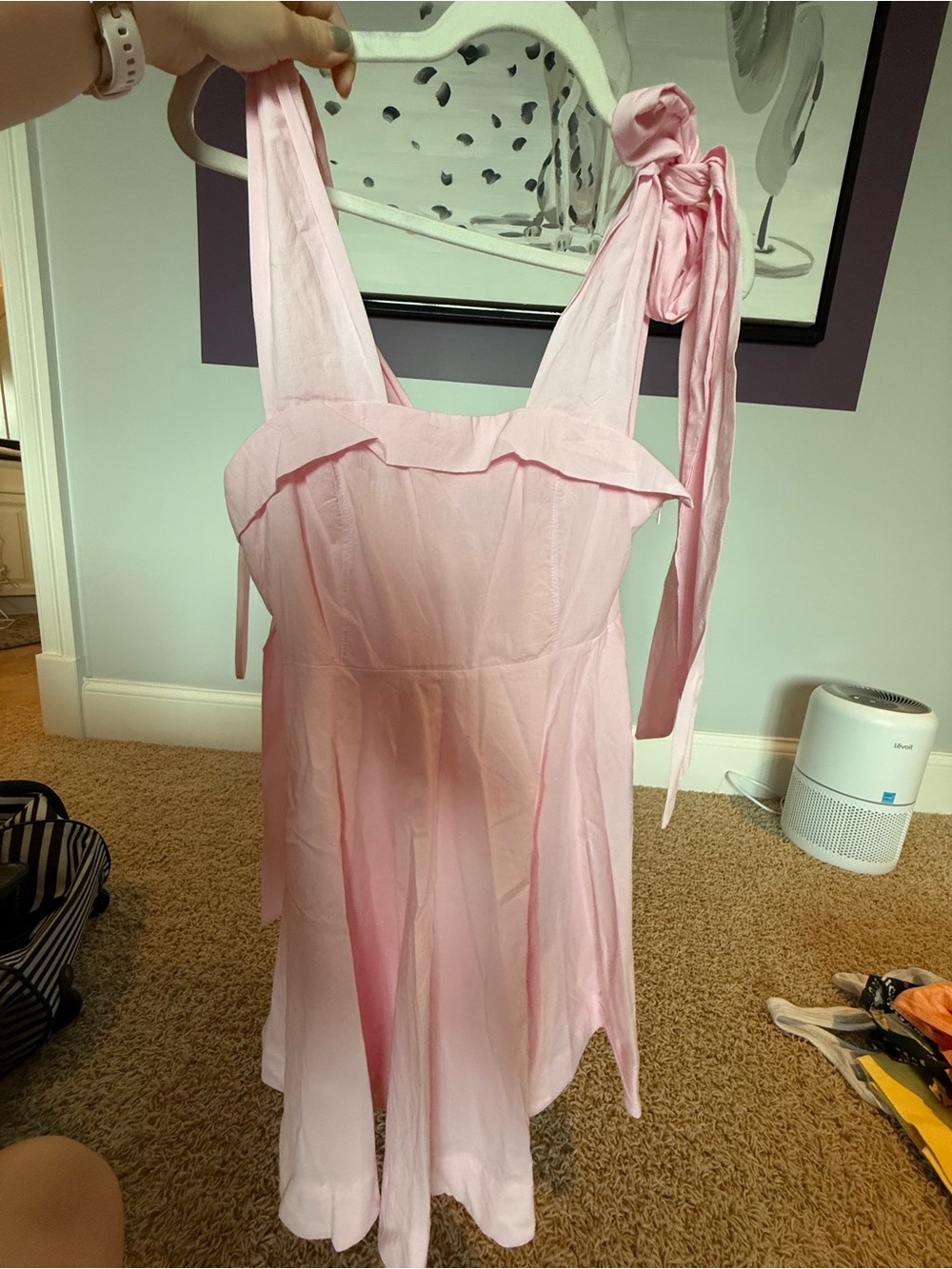 MARBLE Pale Pink Tie-Shoulder Ruffle Camisole Dress